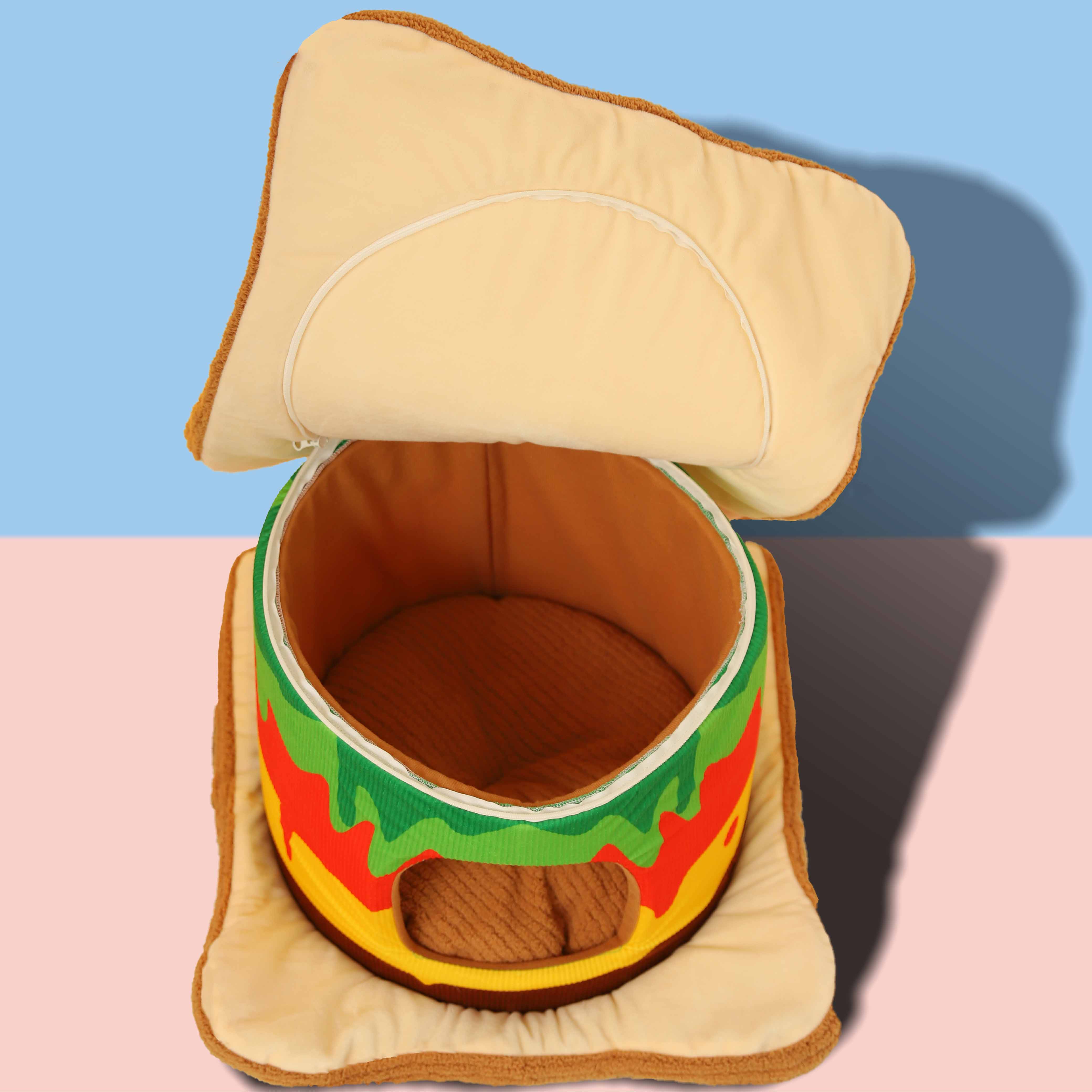 Großes, weiches Hamburger-Hundebett für gemütliches Ausstrecken und einfache Reinigung.