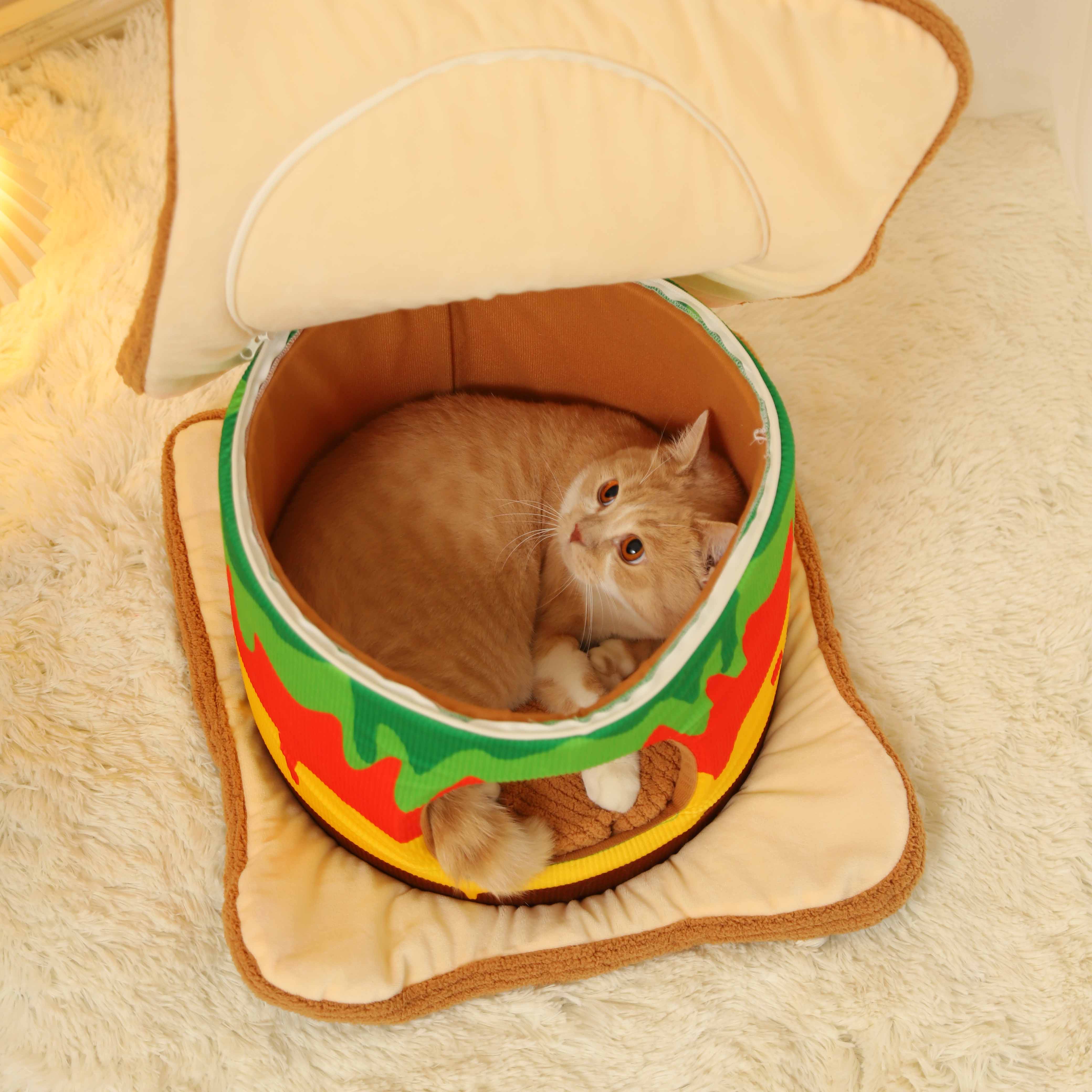 Komfortables, multifunktionales Hamburger-Katzen- und Hundebett mit leicht zu reinigendem Kissen.