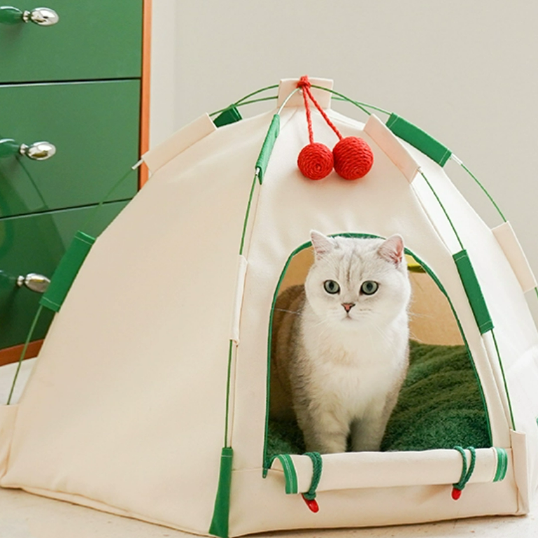 Stylisches Campingzelt für Katzen und Hunde mit großem Innenraum und auswechselbaren Matten.
