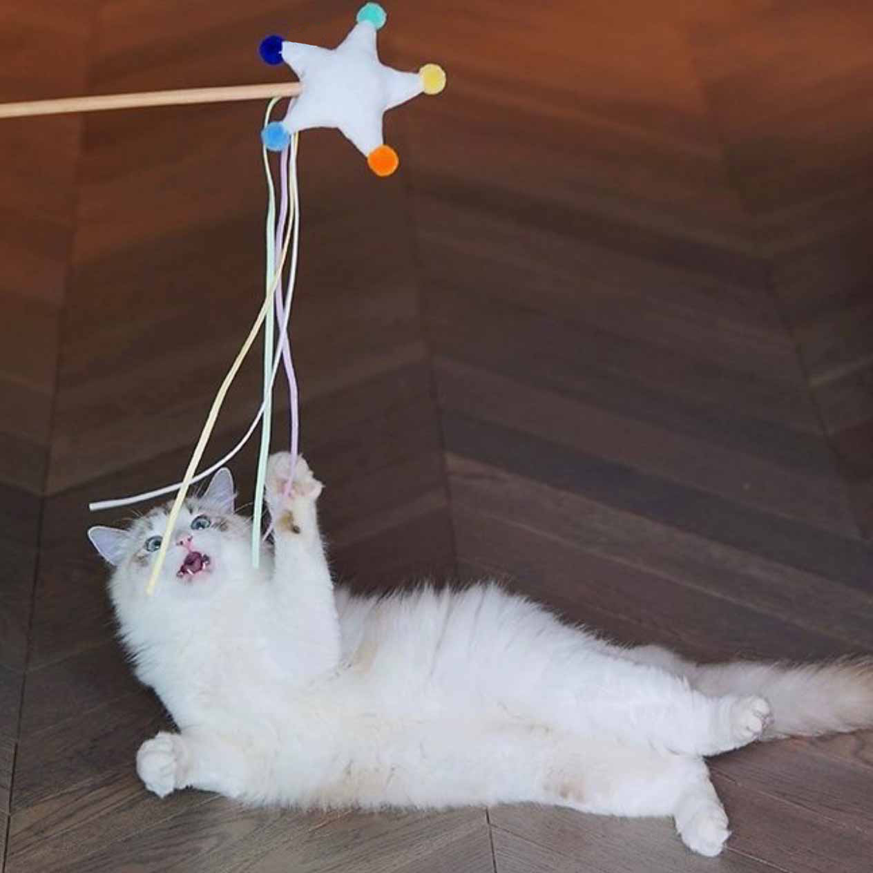 Bunter Spielstab aus Buchenholz mit Wildlederquasten – für sicheren, aktiven Spielspaß.