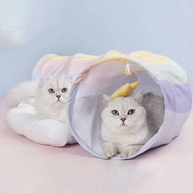 Vielseitiges Katzenbett mit Tunnel, Regenbogen-Design und einfachem Reißverschluss für Reinigung.