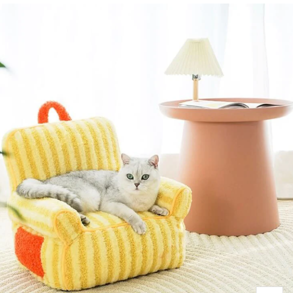 Striped Plush Sofa Cat & Dog Bed - Fluffy Smiles