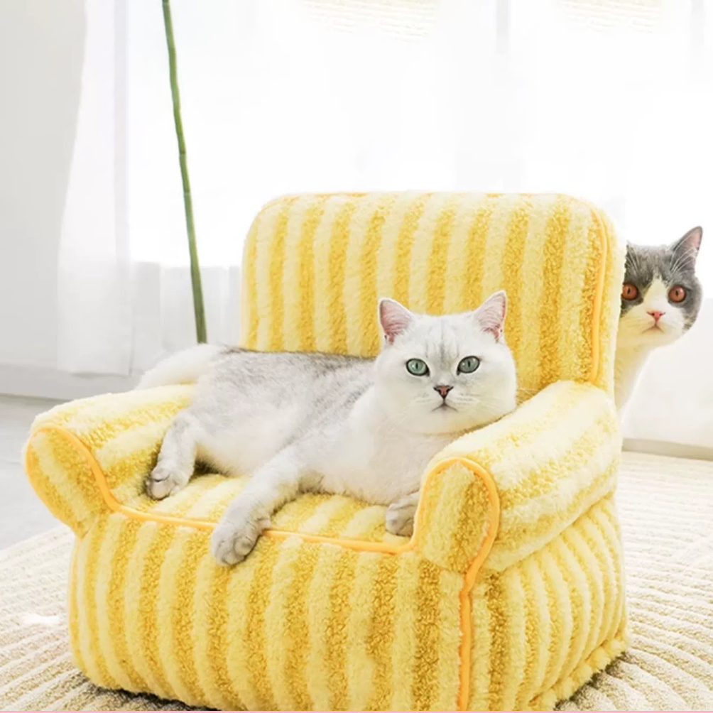 Striped Plush Sofa Cat & Dog Bed - Fluffy Smiles